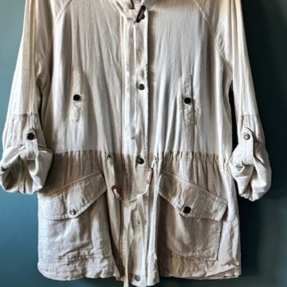 Blu Pepper Linen Blend Anorak Jacket Colorblock Beige Roll Tab Sleeves Lined XL - Picture 2 of 9